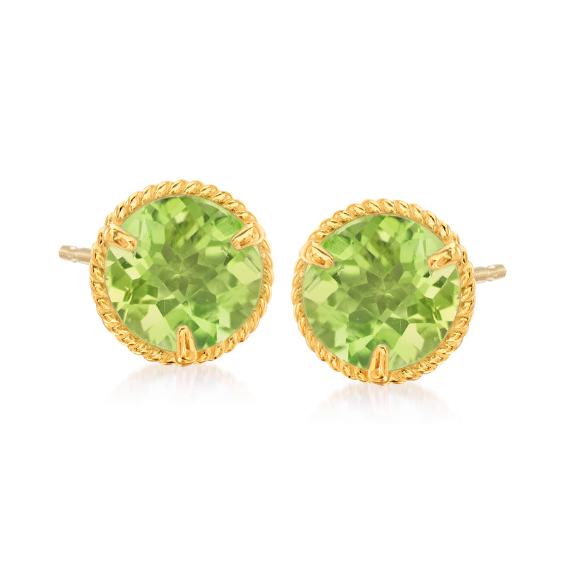 14kt yellow gold peridot stud earrings with roped-edge settings, oval green stones