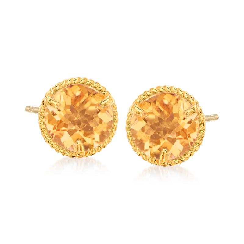 14kt yellow gold citrine stud earrings with rope-edged round gemstones