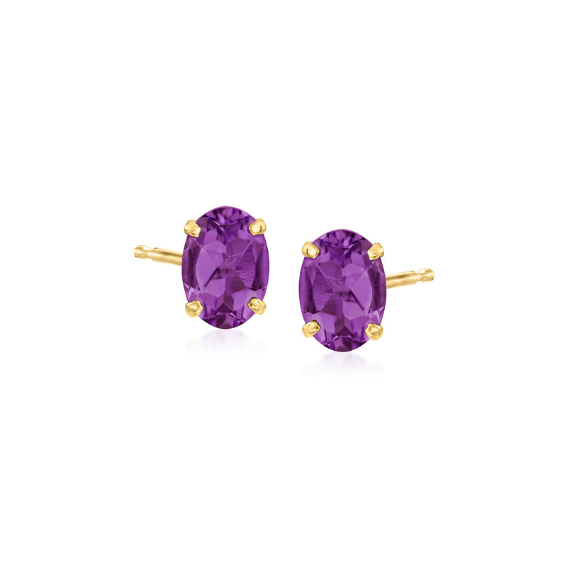 Oval amethyst stud earrings in yellow gold with purple gemstones