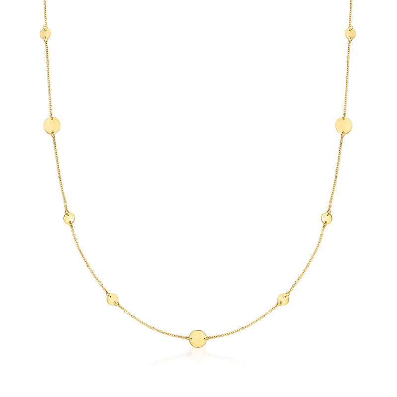 14kt yellow gold disc station necklace with small round stations along chain