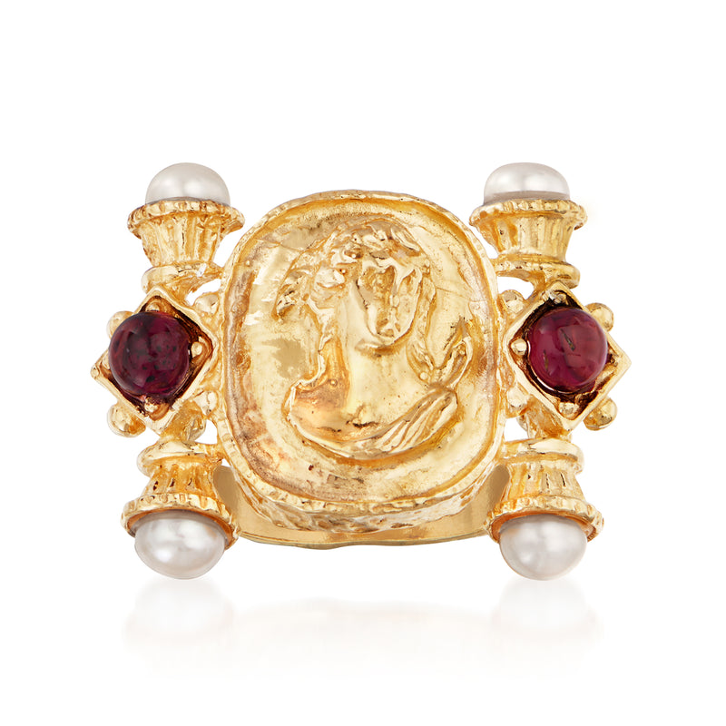 18kt gold over sterling ring with large oval cameo center, garnet side stones, cultured pearl drops