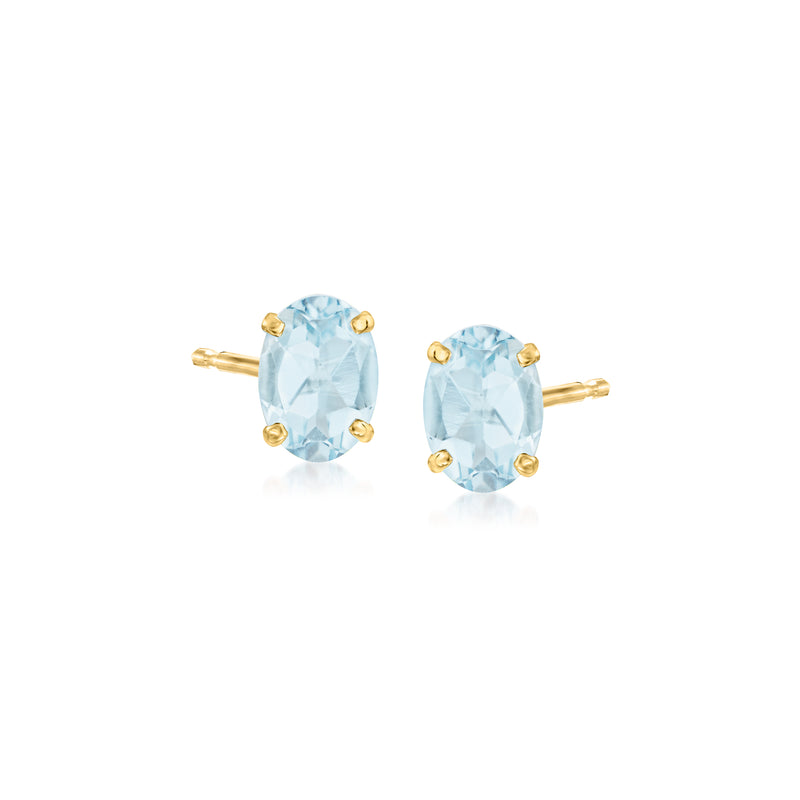 Aquamarine oval stud earrings in 14kt yellow gold, four-prong settings