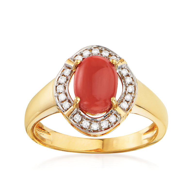 14kt yellow gold ring with oval coral red center and diamond halo accents