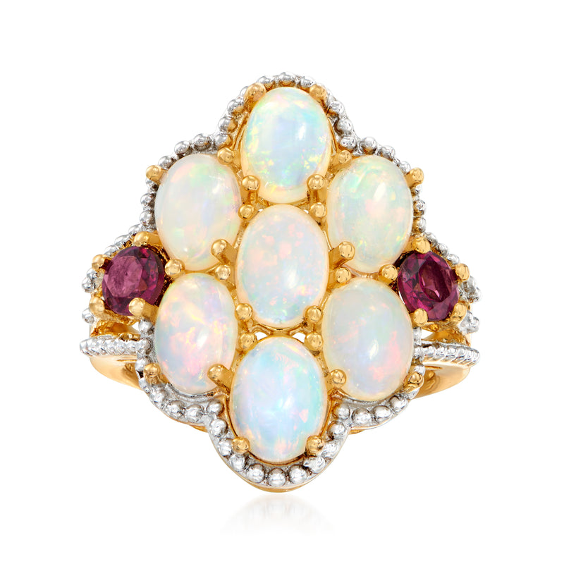 18kt gold over sterling oval opal ring with purple garnets and small clear stones