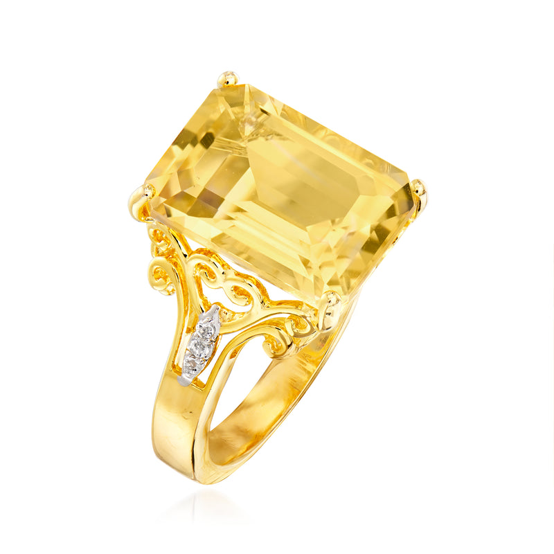 Citrine gemstone ring in gold over sterling, stepped prong setting with small white stones