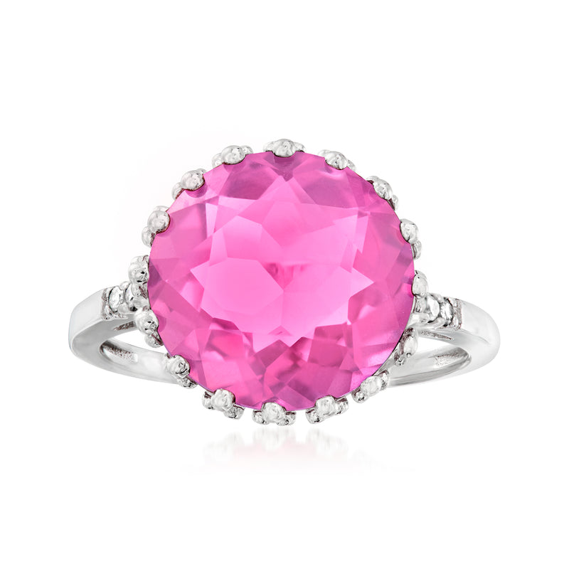 Sterling silver crown ring with large pink faceted quartz and diamond halo