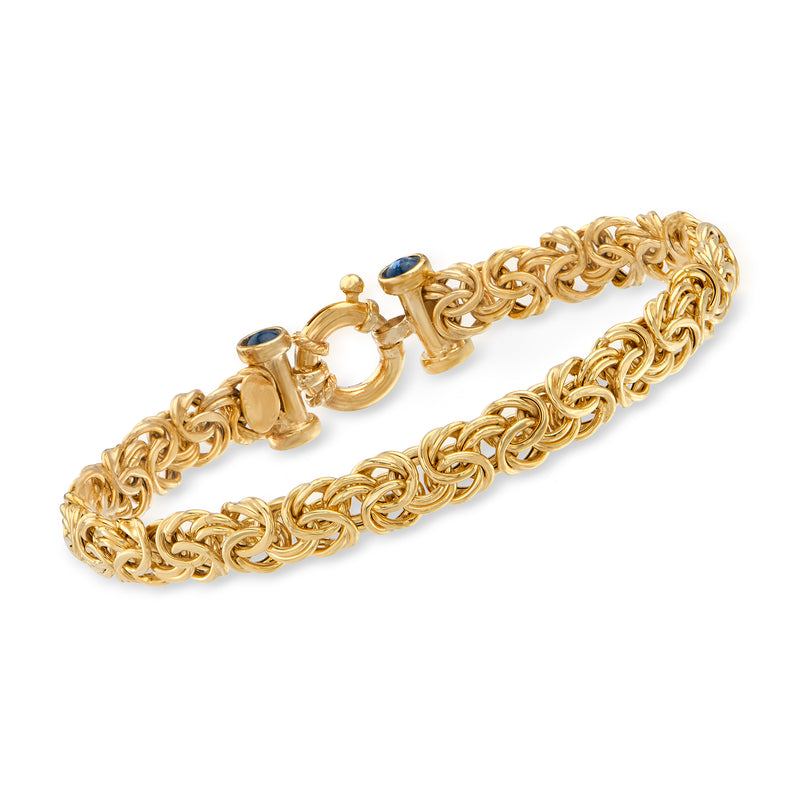 14kt yellow gold Byzantine chain bracelet with blue sapphire accents