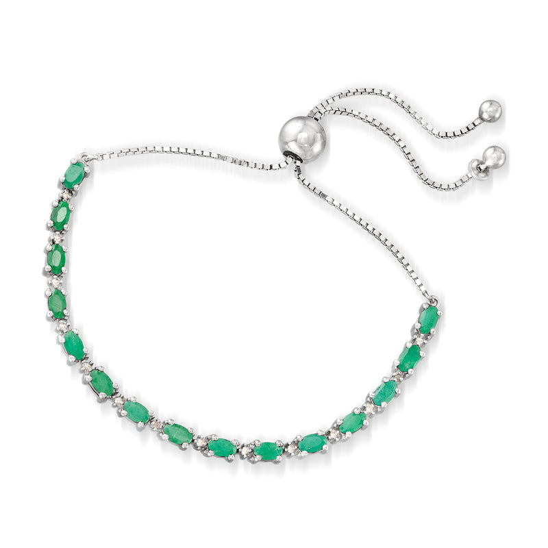 Sterling silver bolo bracelet with green emerald-style stones, diamond accents, slider