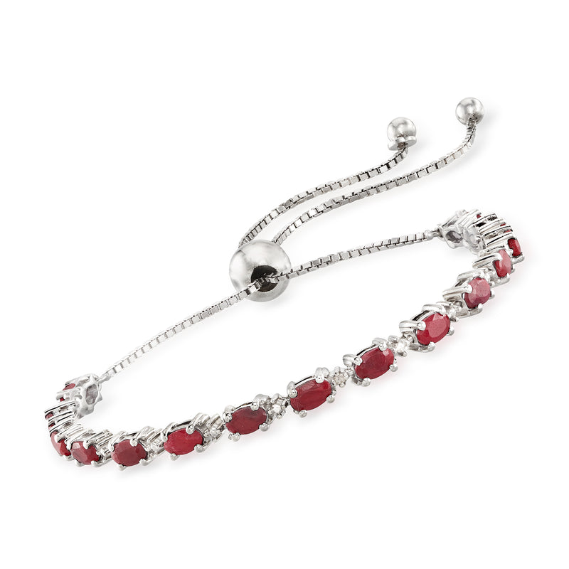 Sterling silver bolo bracelet with round red ruby stones and diamond accents