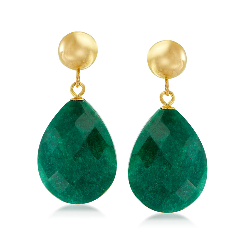 14kt yellow gold drop earrings with emerald green teardrop stones, paired view