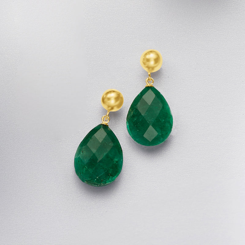 14kt yellow gold drop earrings with emerald green teardrop stones, angled pair