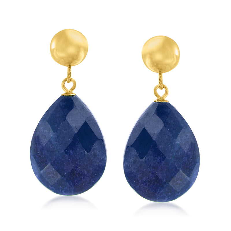 14kt yellow gold sapphire teardrop drop earrings, round top and faceted blue stone