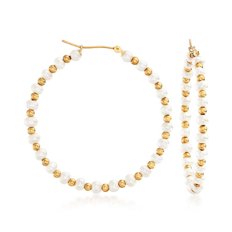 Cultured pearl hoop earrings in 14kt yellow gold with white pearls and gold bead accents