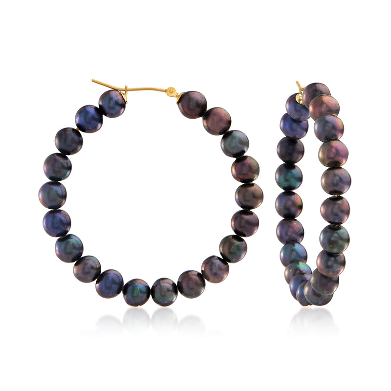 14kt yellow gold hoop earrings with black cultured pearl bead rows, round hoop design