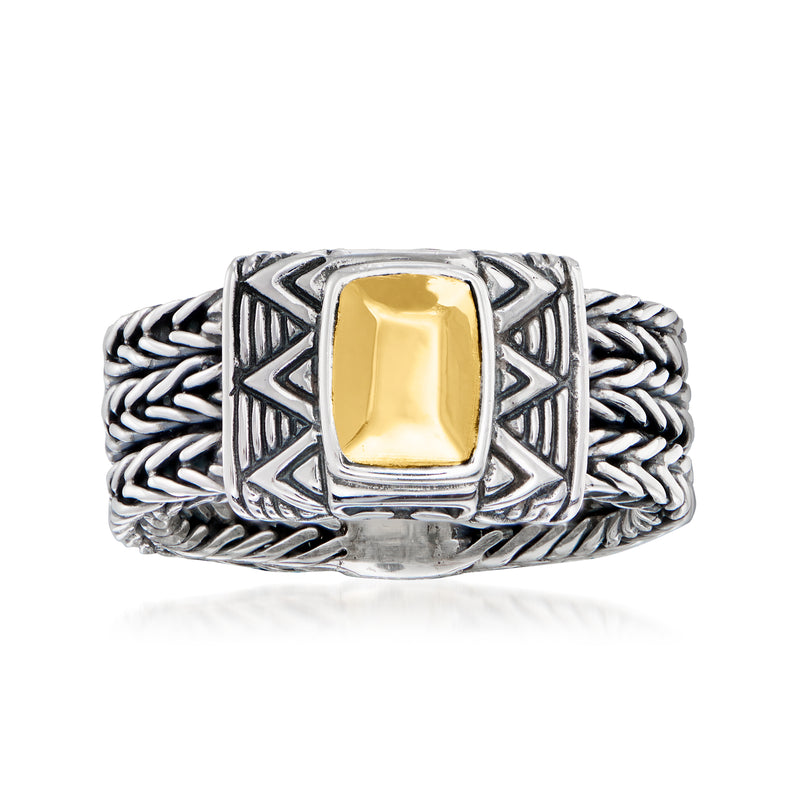 Bali-style sterling silver ring with rectangular 18kt yellow gold inset center