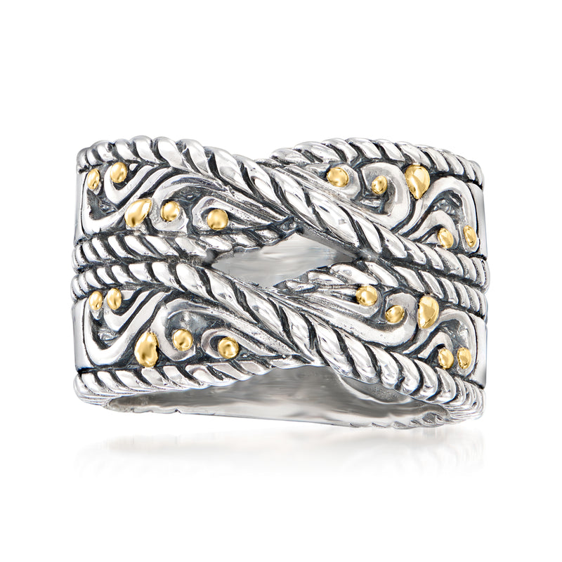 Sterling silver twisted ring with Bali-style braid and yellow gold dot accents