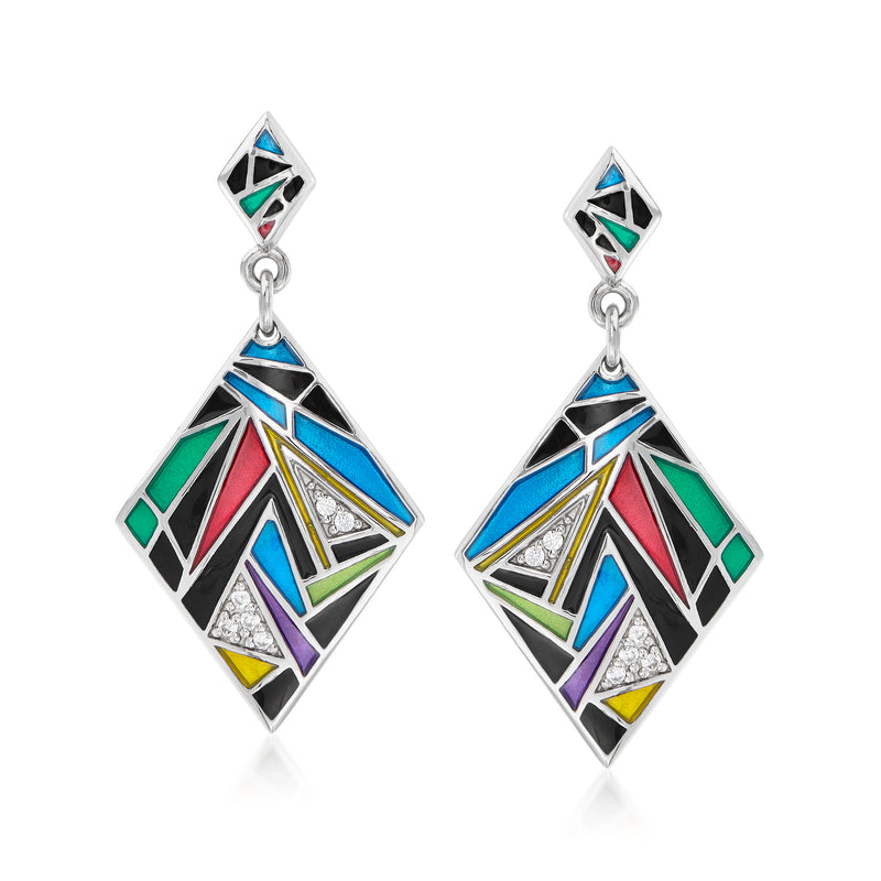 Geometric drop earrings with multicolor enamel and clear CZ accents on silver settings