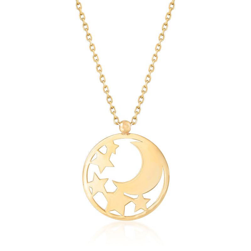 14kt yellow gold star and moon cut-out disc pendant necklace