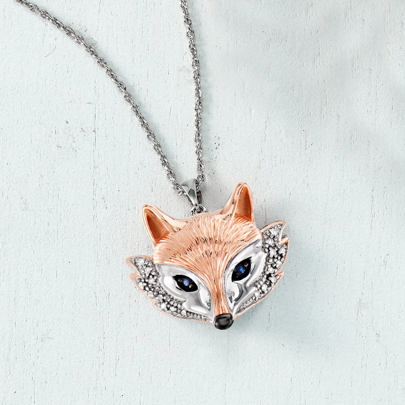Fox pendant necklace with rose gold fox head, sterling silver frame, blue eyes, sparkle details