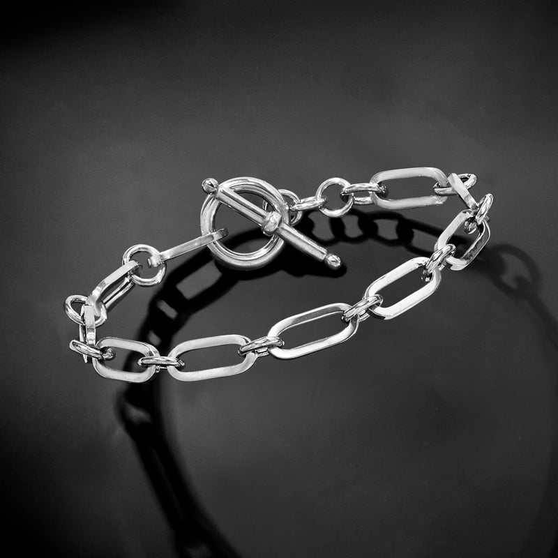 Sterling silver paperclip link bracelet with circular toggle clasp