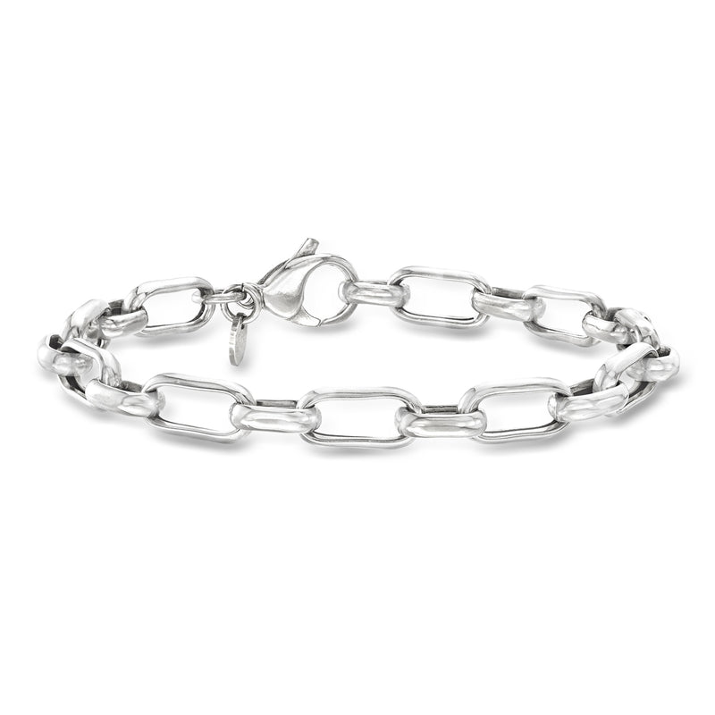 Sterling silver paper-clip link bracelet with clasp, oval links, polished finish.