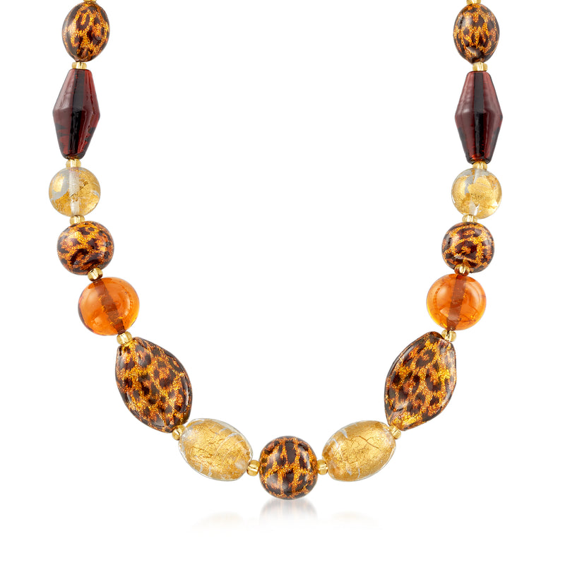 Leopard-print Murano glass bead necklace with gold-tone oval and round amber beads