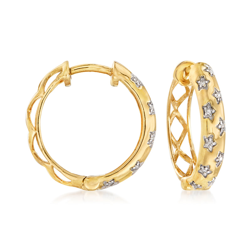 18kt gold over sterling hoop earrings with star accents and clear stones, hinged closure