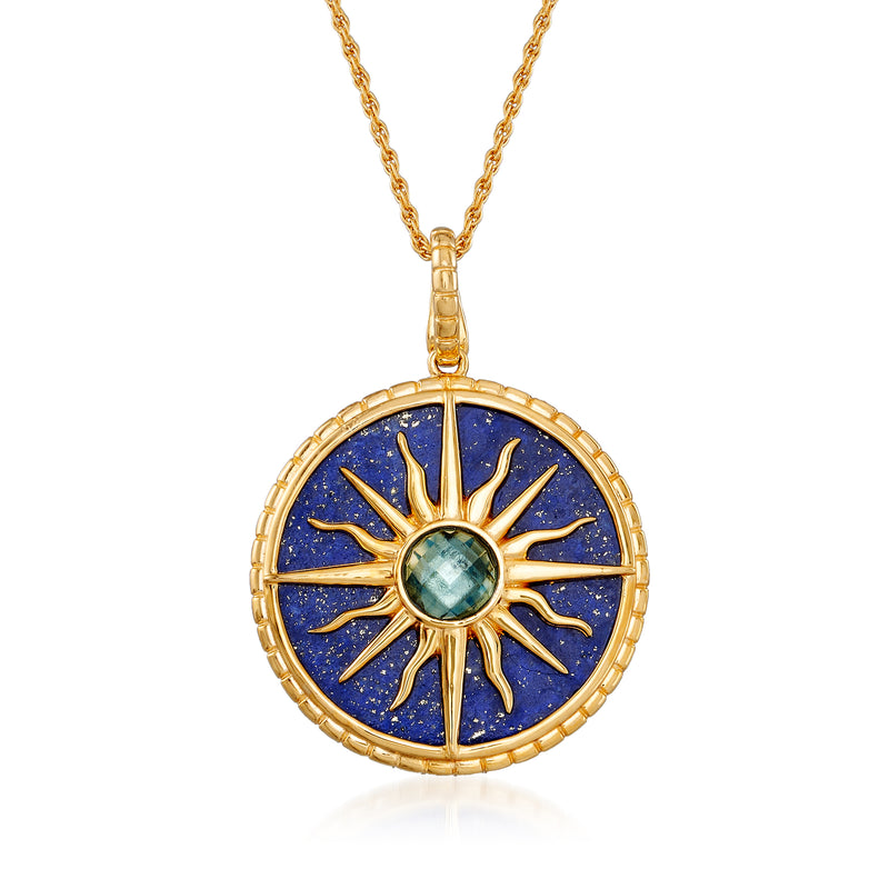 Gold-tone sun pendant necklace with round blue enamel and green topaz center