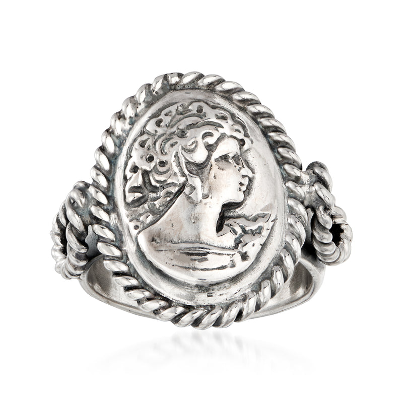 Sterling silver cameo-inspired ring with oval portrait relief and rope-style bezel