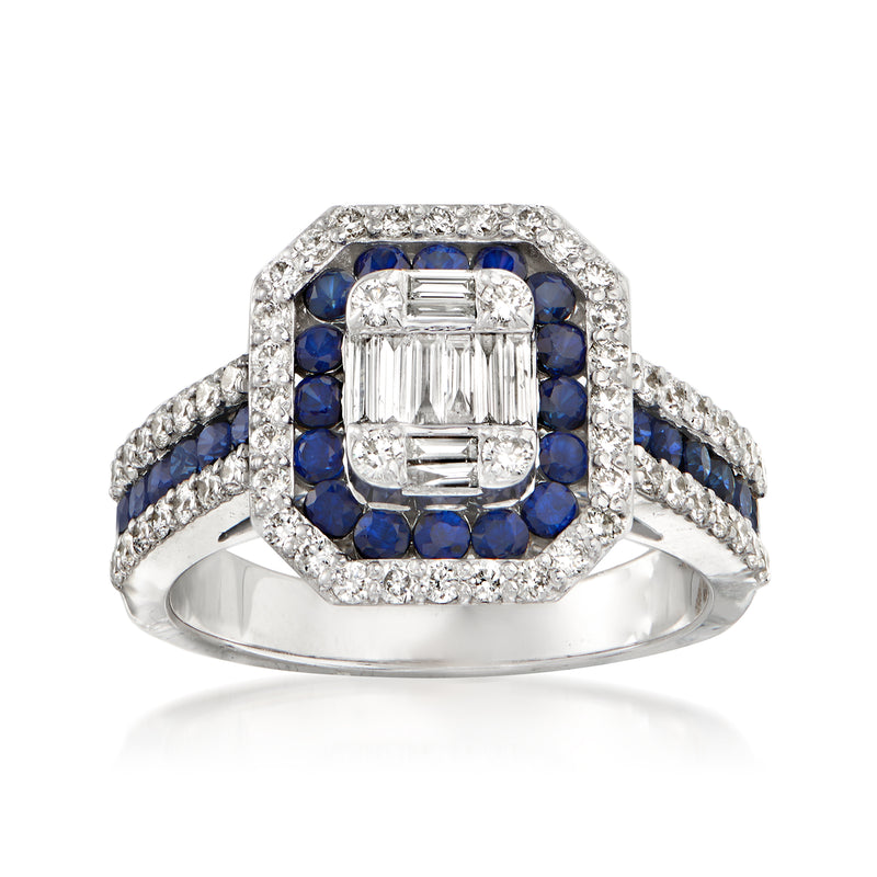 14kt white gold ring with square diamond center, blue sapphire border, diamond halo