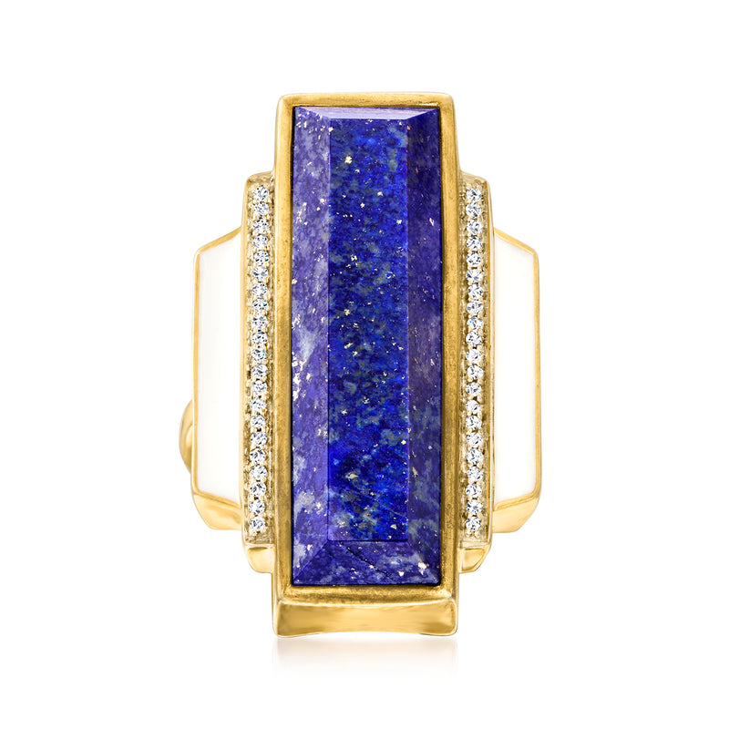 18kt gold over sterling ring with rectangular blue lapis center and white crystal accents