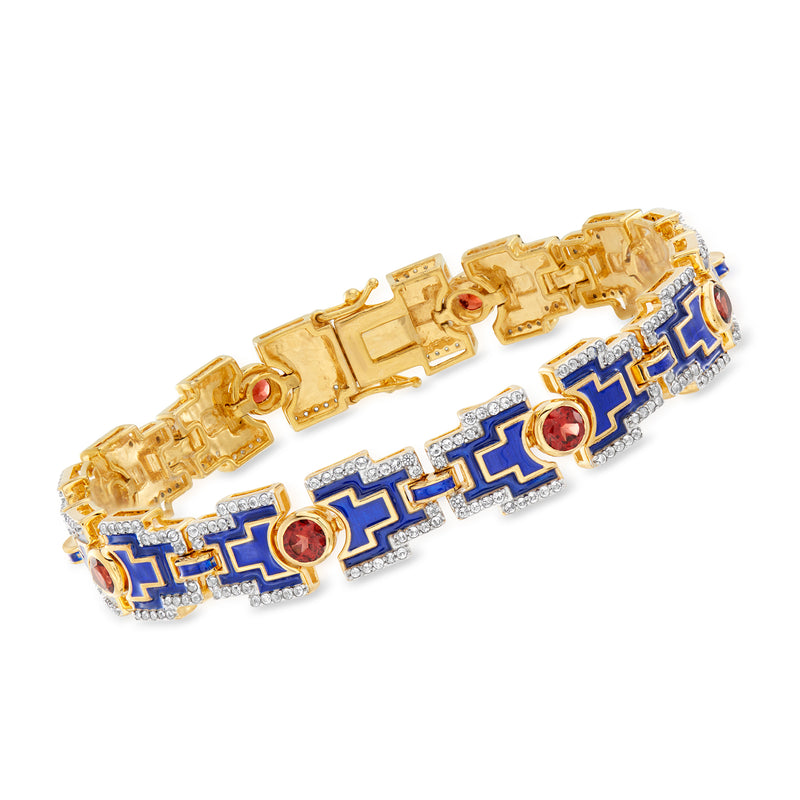 18kt gold over sterling bracelet with blue enamel links and red gemstone accents