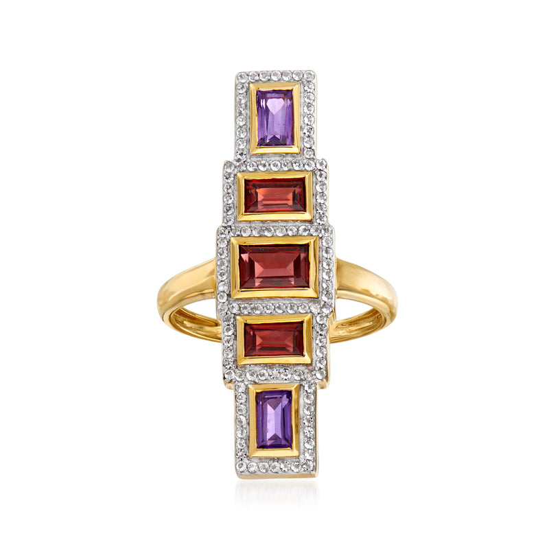 Multi-gemstone bar ring in gold over sterling with purple and red baguette stones
