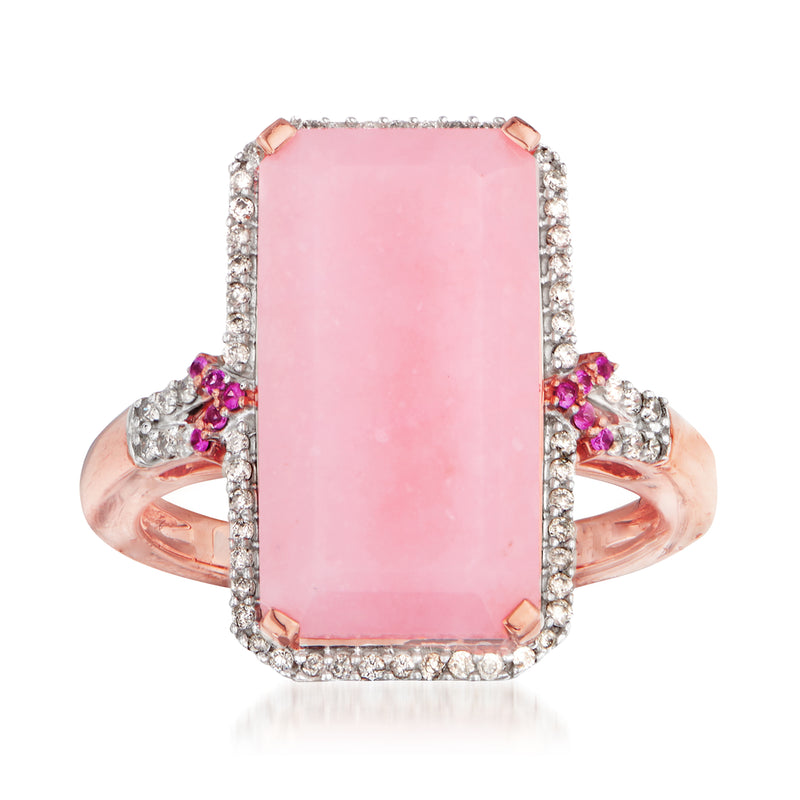Rose gold ring with rectangular pink opal center, diamond halo and pink sapphire side accents