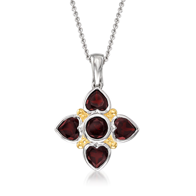 Two-tone sterling silver garnet pendant necklace with five dark red stones