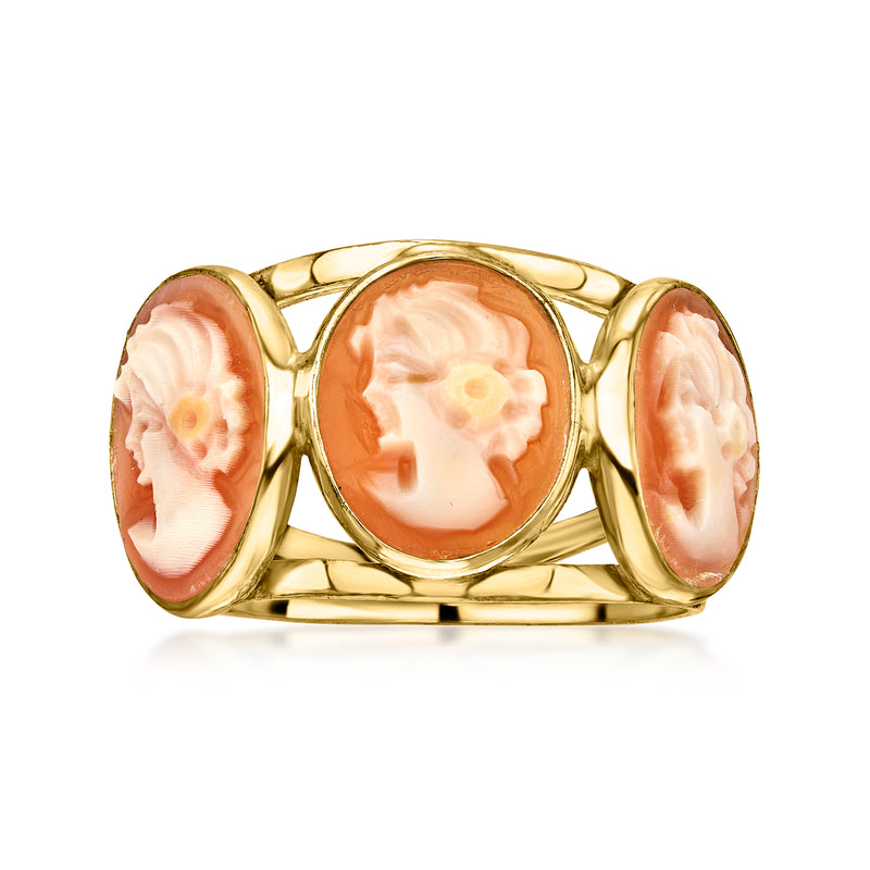 Gold-tone cameo ring with three oval shell cameos on an openwork band