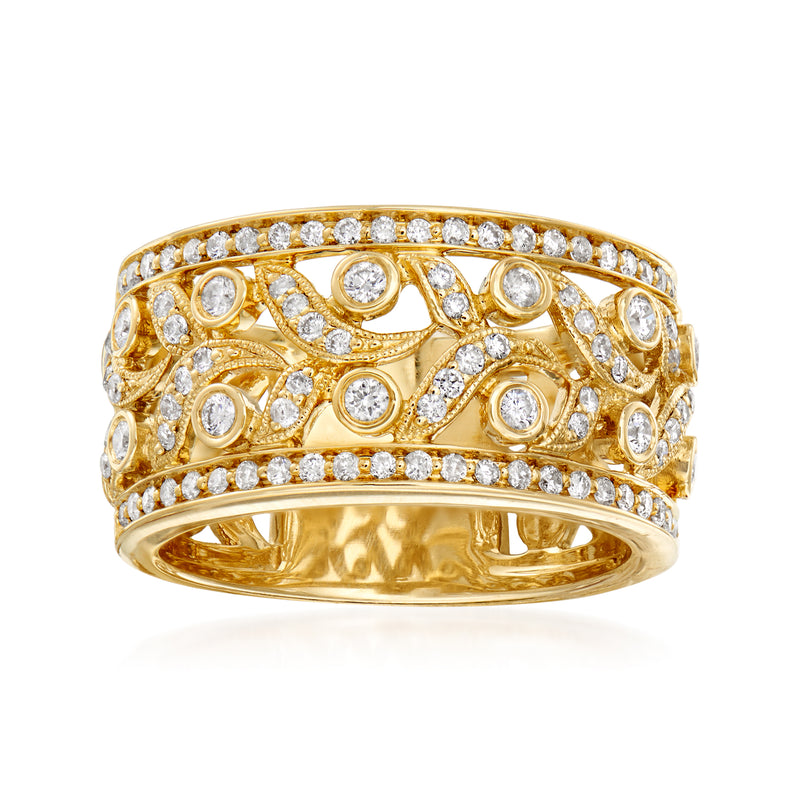 14kt yellow gold openwork diamond ring with round cut stones, wide band