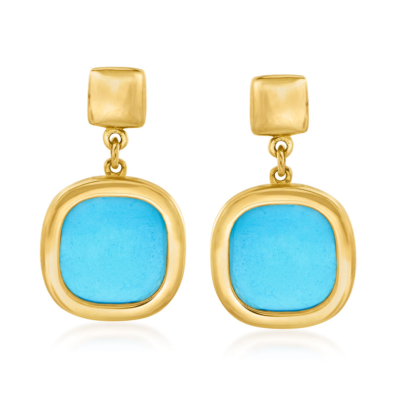 14kt yellow gold drop earrings with turquoise square top and round blue stone