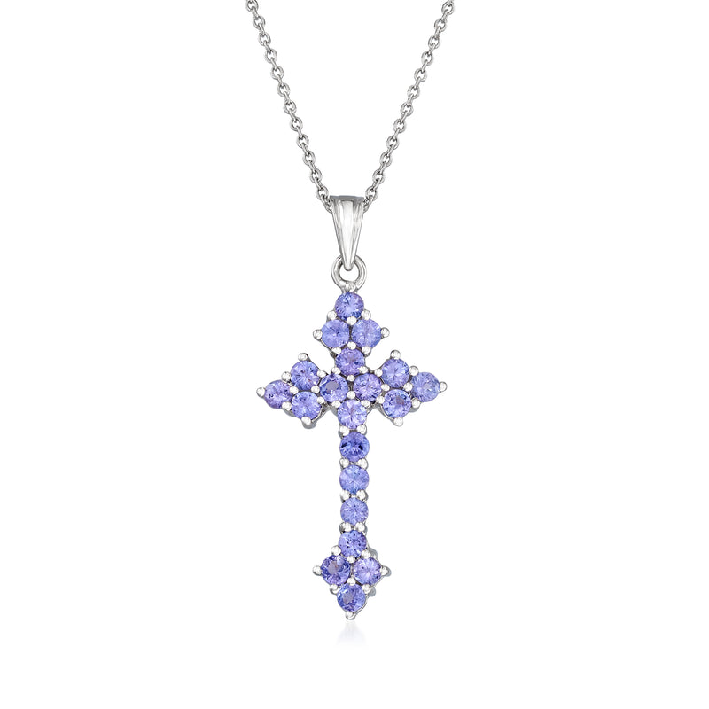 Sterling silver cross pendant necklace with oval purple tanzanite-style gemstones