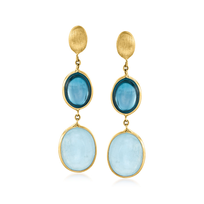 14kt yellow gold drop earrings with oval blue topaz-like stones, double-drop design