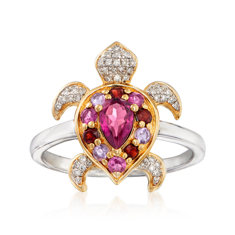 Turtle-shaped gemstone ring in sterling silver with 18kt gold, pink center and diamond accents