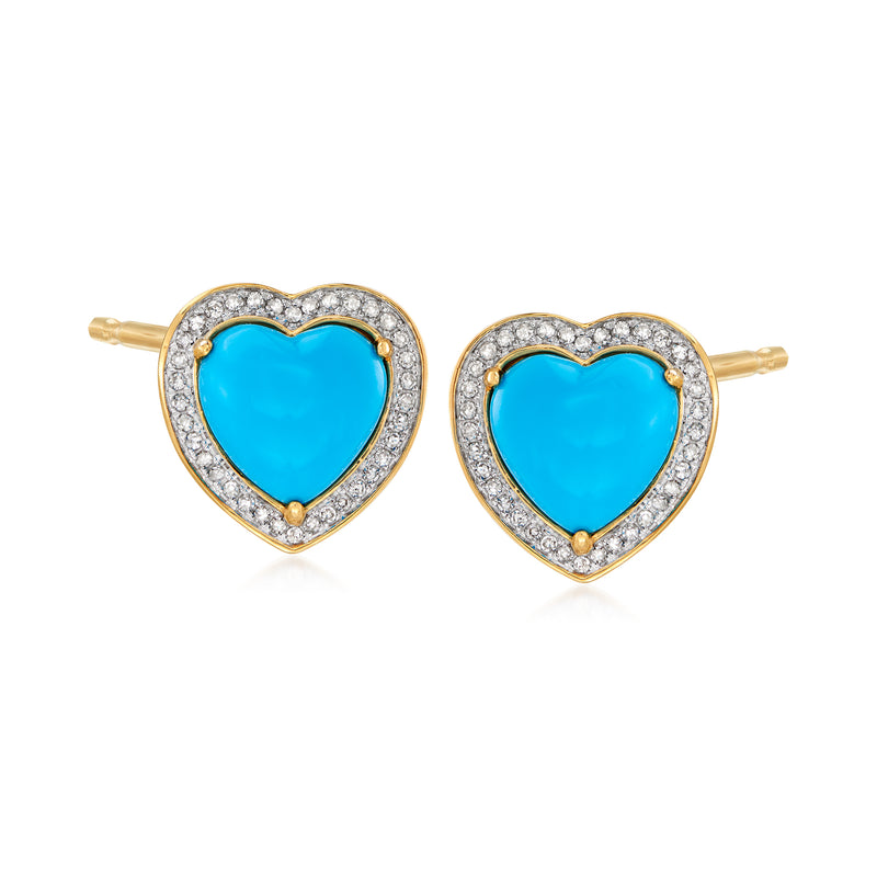 Turquoise heart stud earrings with diamond halo, 18k gold over sterling posts