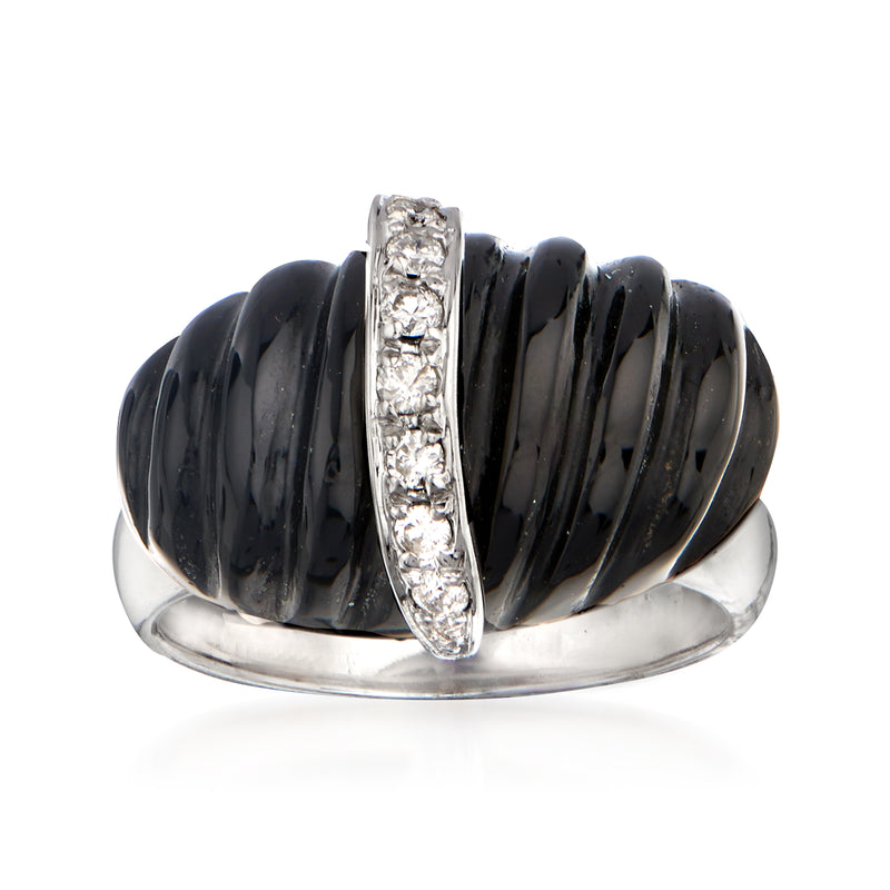 Sterling silver ring with black agate oval center and diamond-accented split band