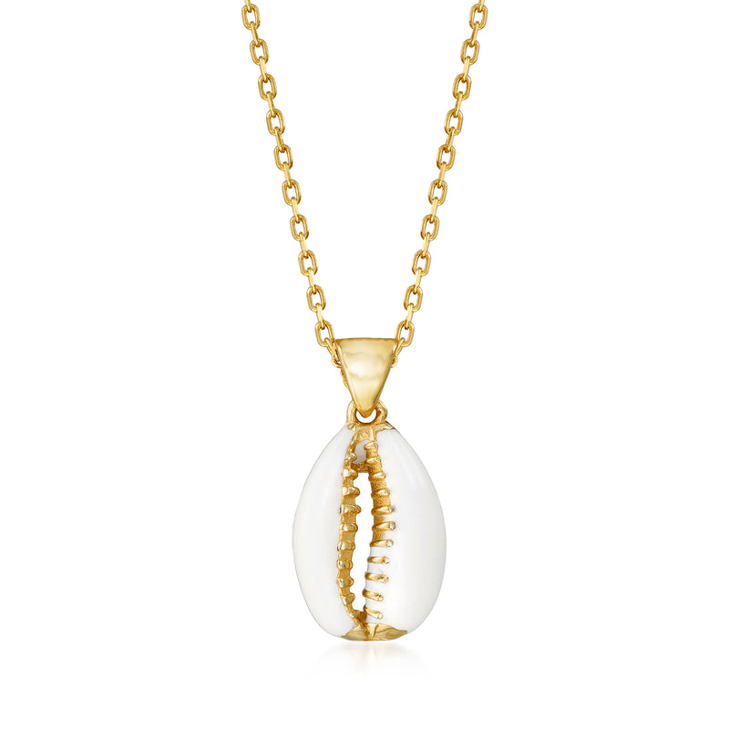 18kt gold over sterling shell pendant necklace with white enamel and gold chain