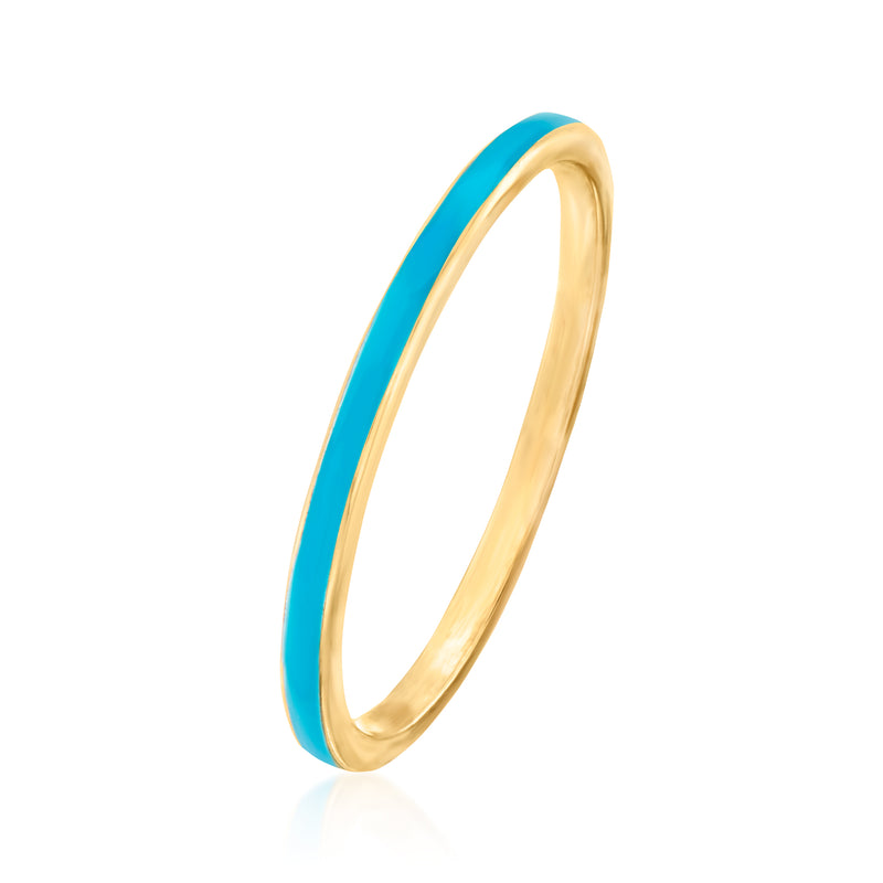 Turquoise enamel band ring in gold setting, angled view