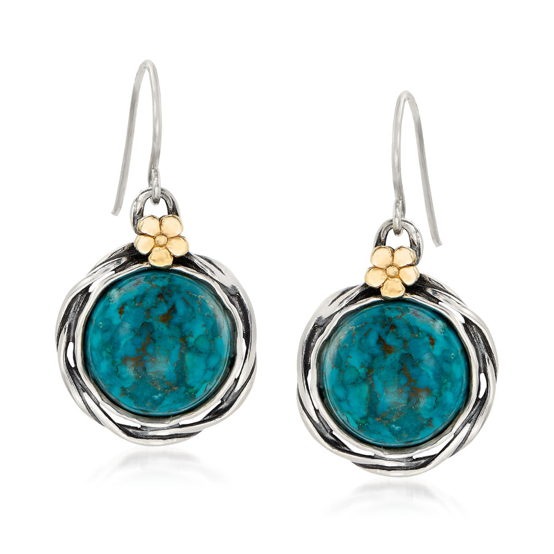 Turquoise cabochon drop earrings; sterling silver with 14kt yellow gold flower accents