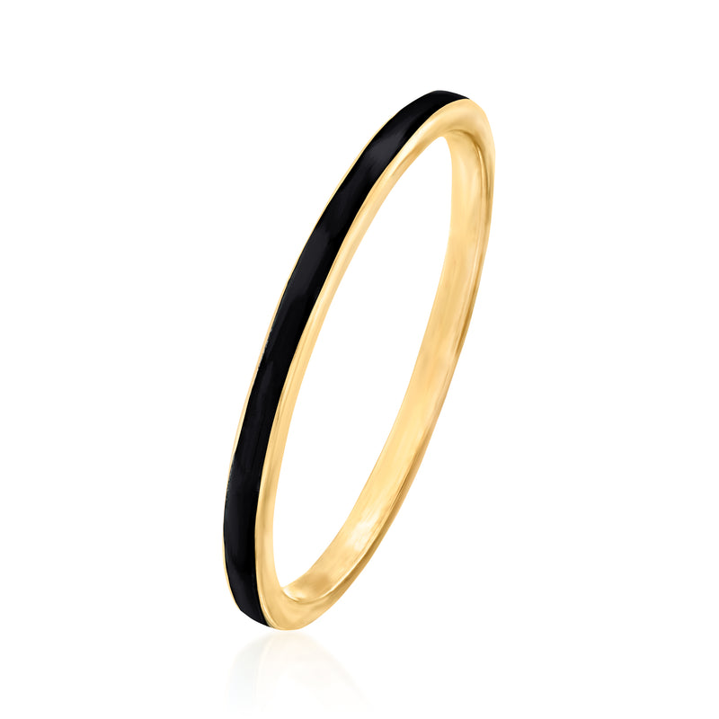 Black enamel ring angled view with gold-tone inner band
