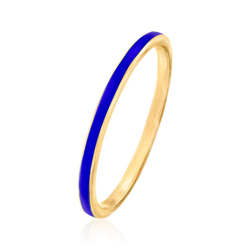 Navy enamel inlay on slim gold band, side profile ring