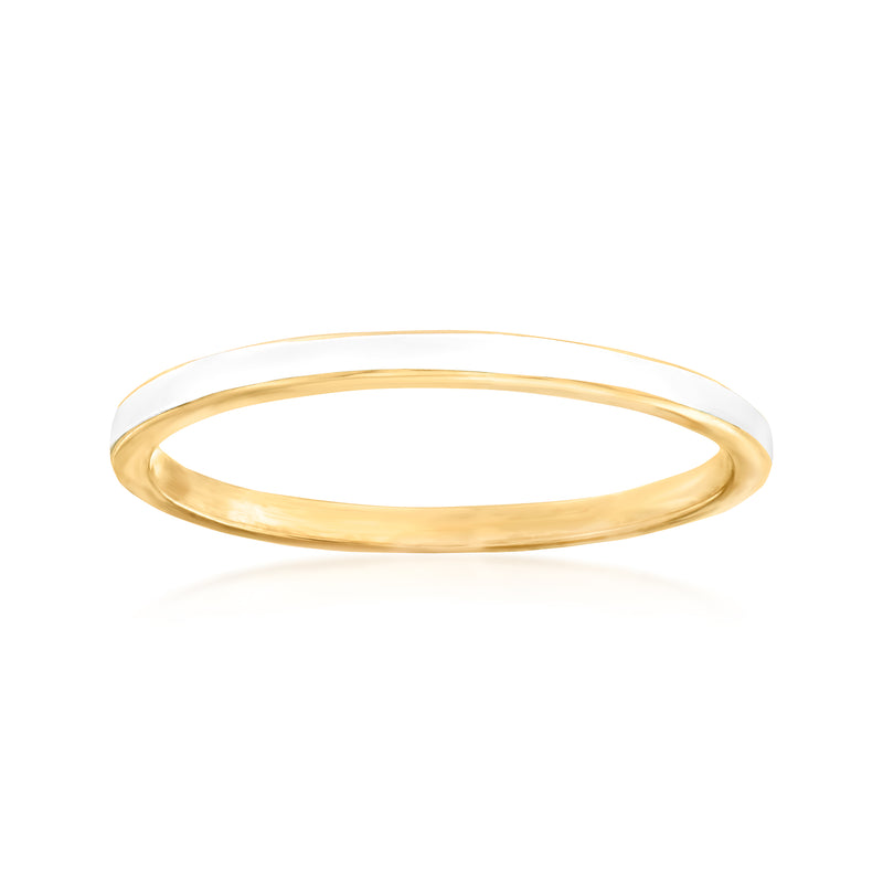 White enamel inlay gold ring, slim band with glossy white strip
