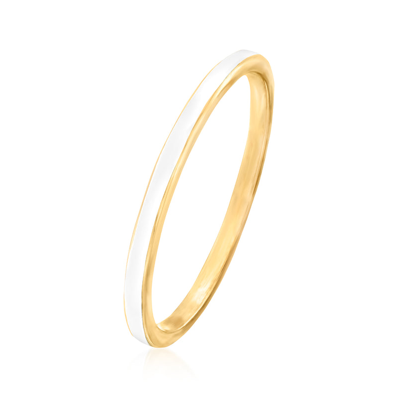 Slim gold ring with white enamel inlay, angled side view